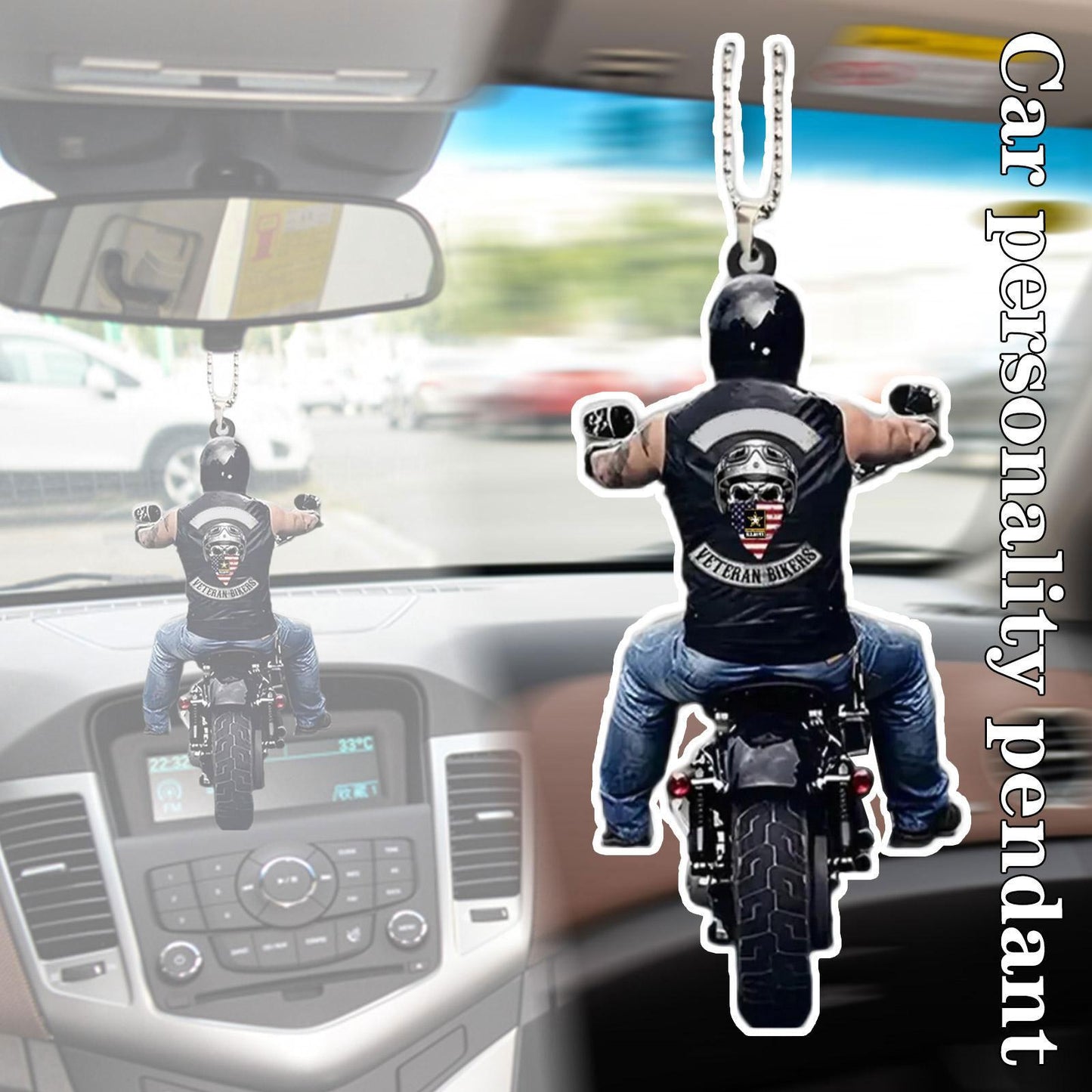 Veteran Biker Car Flat Pendant - Motorcycle Bikers Car Accessories Rearview Mirror Pendant