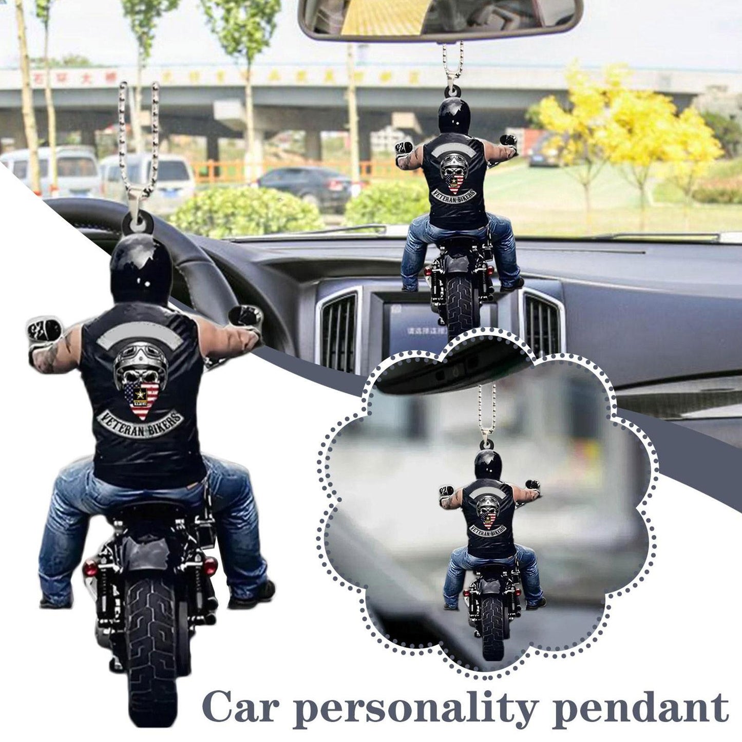 Veteran Biker Car Flat Pendant - Motorcycle Bikers Car Accessories Rearview Mirror Pendant